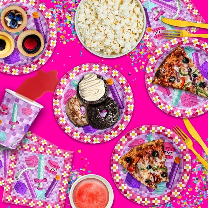 Girl Pixel Mining Birthday Party Supplies Set Plates Napkins Cups Tableware Kit - Image 6