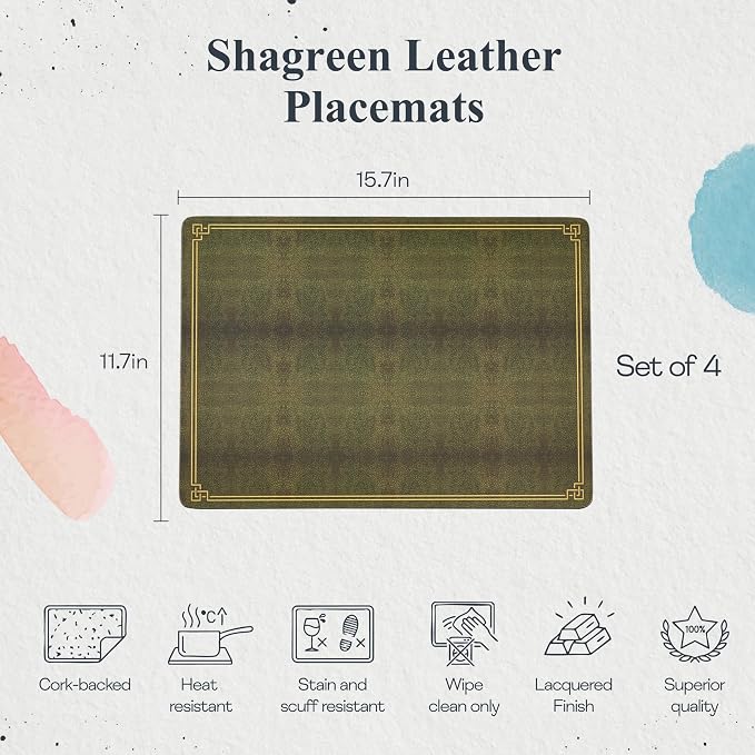 Pimpernel Shagreen Leather Effect Set of 4 Placemats – Decorative Olive Green - Image 2