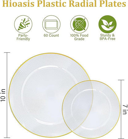 Hioasis 60pcs Clear Gold Plastic Plates - Gold Disposable Dinnerware Set, 30pcs Dinner 10.25in & 30pcs dessert 7.5in plates with striped designs for party & wedding