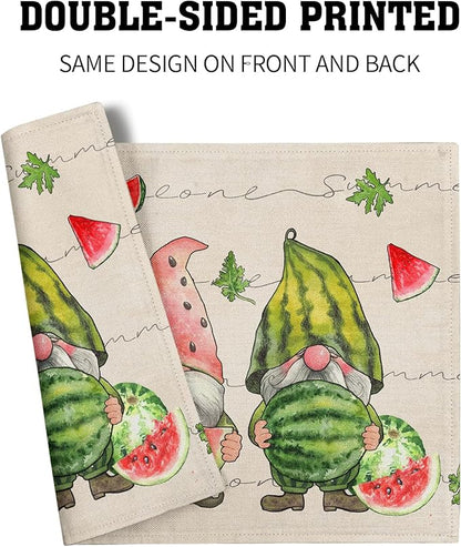 Summer Watermelon Gnomes Placemats Set of 4 12 x 18 Inch,Watercolor Red Watermelon Washable Kitchen Mats Seasonal Place Mat for Kitchen Dining Table Decor