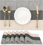 Placemats Set of 6, Vinyl Woven Place Mats Indoor Set of 6 Washable Wipeable PVC Table Mats Heat-Resistant Non Slip Plastic Placemat for Kitchen Dining Outdoor Table (Beige Black, Set of 6)