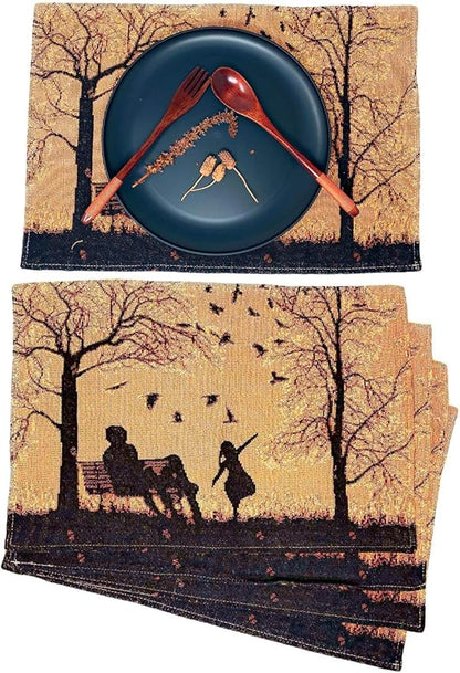 DaDalogy Farmhouse Rustic Dining Placemats - Set of 4 Tapestry Woven Cotton Halloween Kitchen Table Mats Fall Silhouette Decor - Family Cozy Cabin Orange Tan Black Decorative - 13” x 19”