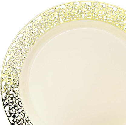 OCCASIONS 240 Plates Pack,(120 Guests) Heavyweight Premium Wedding Party Disposable Plastic Plates Set -120 x 10.25'' Dinner + 120 x 7.5'' Salad/Dessert (Florence Ivory/Gold)