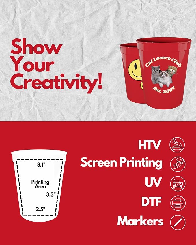 PartyPrints 100 Pack 16 oz Red Reusable Blank Plastic Cups, Stadium Cups Bulk – - Image 3