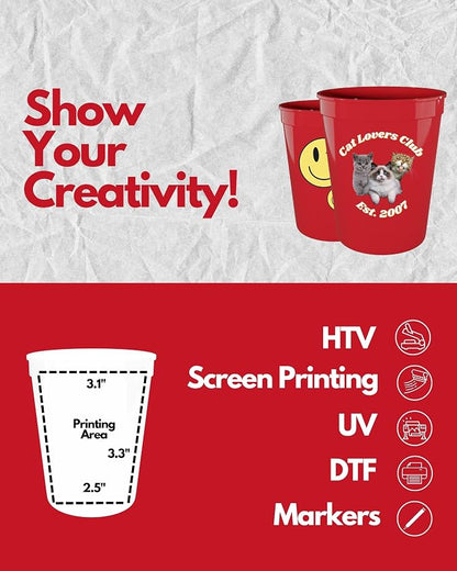 PartyPrints 100 Pack 16 oz Red Reusable Blank Plastic Cups, Stadium Cups Bulk – - Image 3