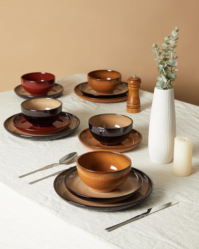 Santorini Mist Terracotta Reactive Glaze Plates and Bowls Sets, Stoneware - Image 8