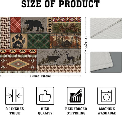 Rustic Lodge Bear Deer Placemats Set of 4, 12x18 Inch Vintage Cabin Pine Cone Wild Animal Place Mats Boho Style Country Heat Resistant Table Mats for Holiday Party Kitchen Dining Table