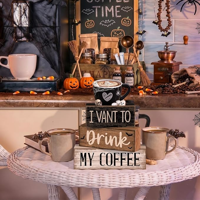 Moucuny 4 Pcs Halloween Table Decorations Spooky Coffee Wooden Stacked Block - Image 7