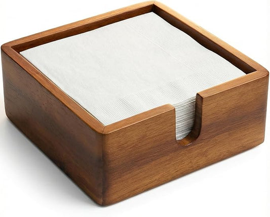 Acacia Cocktail Paper Napkin Holder Square 5.4x5.4 inches, Wood Flat Napkin Tray, Cocktail Napkin Caddy For Kitchen Décor, Restaurant Countertop Bar Accessories