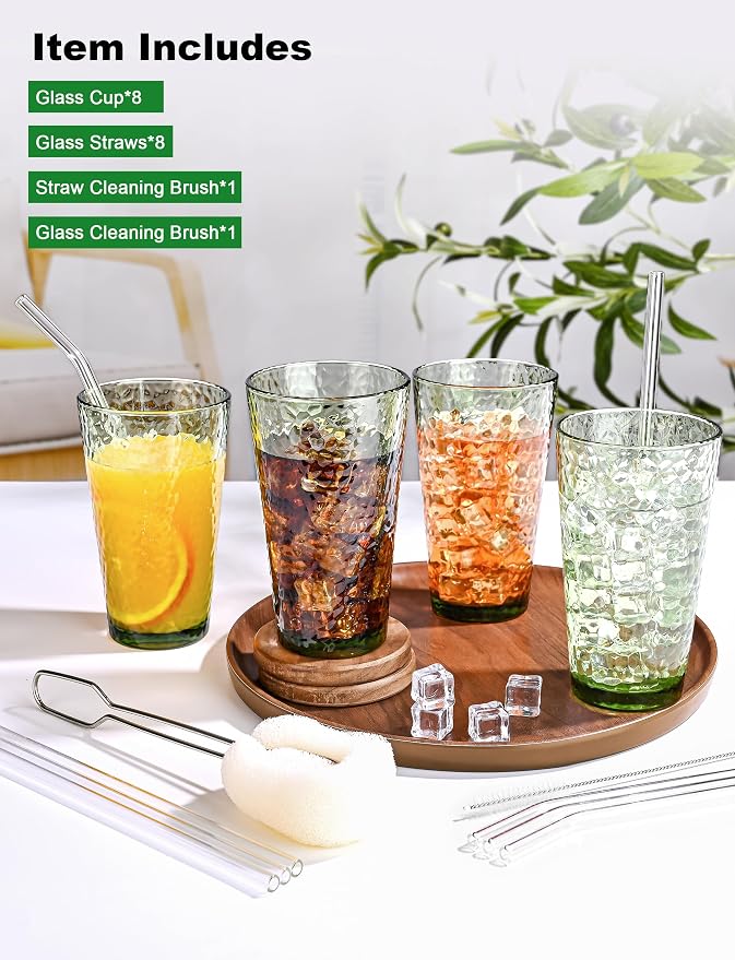 Amyoole Drinking Glasses Set of 8, 16oz Green Highball Water Glasses | - Image 2