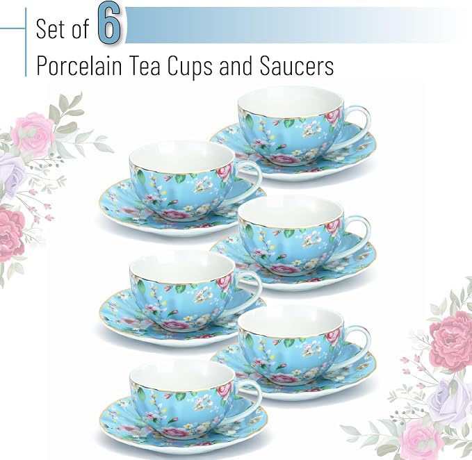 BTaT- Floral Tea Cups and Saucers, 7 oz, Fine Porcelain Teacup Set - Image 2