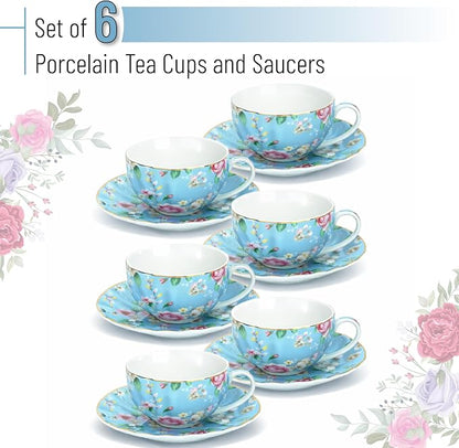 BTaT- Floral Tea Cups and Saucers, 7 oz, Fine Porcelain Teacup Set - Image 2