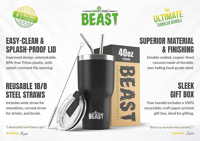Beast 40 oz Tumbler Stainless Steel Vacuum Insulated Coffee Ice Cup Double Wall Travel Flask (Matte Black)