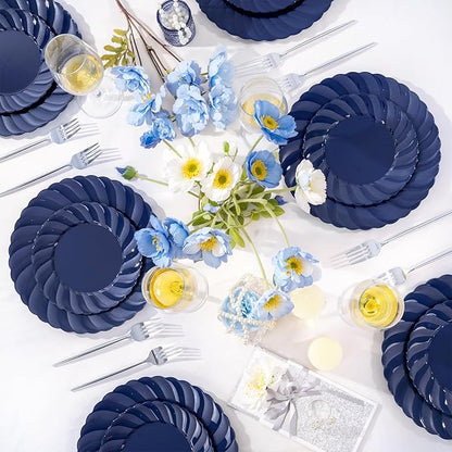 U-QE 60 Pcs Blue Plastic Plates for Party – Scalloped Blue Plates Disposable Heavy Duty – Include 30 10.25" Dinner & 30 7.25" Dessert Plate - Perfect for Parties, Weddings