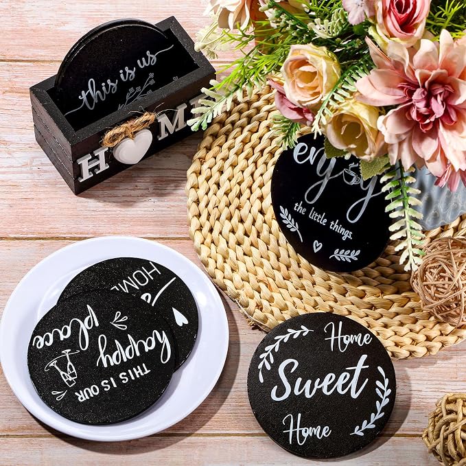 Queekay Coasters Set of 6 House Warming Gifts New Home Wooden Farmhouse Drink - Image 5