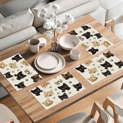 Cat Placemats Set of 6, Cute Black Cats Table Mats, Animal Washable Place Mats for Coffee Bar Home Party Indoor Kitchen Dining Table Decoration 12x18 Inch
