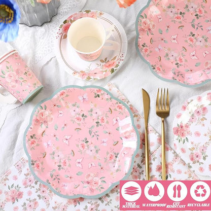 Pickmesh 252 Pcs Pink Floral Tea Party Supplies - Image 4