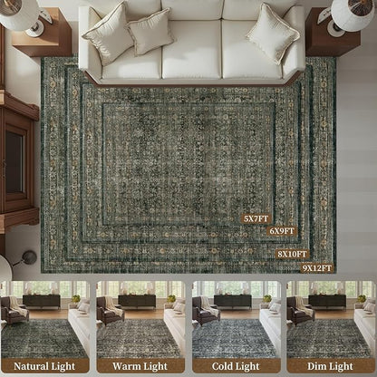 MontVoo-Vintage Area Rug 9X12 Green Rugs for Living Room-Soft Distressed Printed Rugs for Bedroom-Non Slip Carpet-Machine Washable Rug for Dining Room Living Room Bedside Office