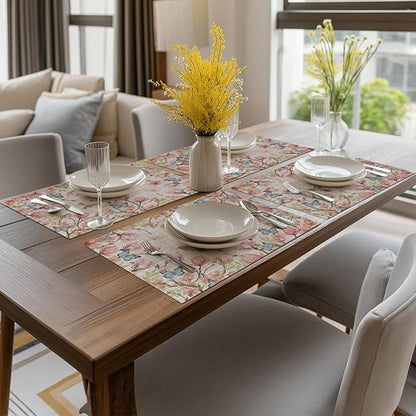 Artoid Mode Birds Flower Butterfly Placemats Set of 4, 12x18 Inch Plastic Woven Wipeable Non-Slip PVC Place Mats for Party Kitchen Dining Decor