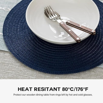 Round Placemats Set of 6 Woven Placemats Washable Braided Table Mats for Dining Table Heat Resistant Non-Slip Circle Place Mats(Navy Blue)
