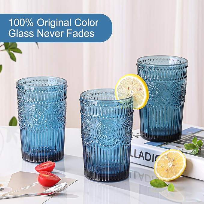 Vintage Glassware Drinking Glasses Set of 6,13 oz Blue Textured Flower Design Glass Water Tumblers，Embossed Striped Drinkware for Water,Cocktails,Juice,Iced Coffee