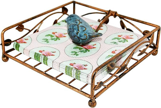 OwlGift Collection Bronze Coated Metal Flat Napkin Holder Dispensing Stand w/Ceramic Bird, Kitchen and Countertop Flat Napkin Storage Organizer