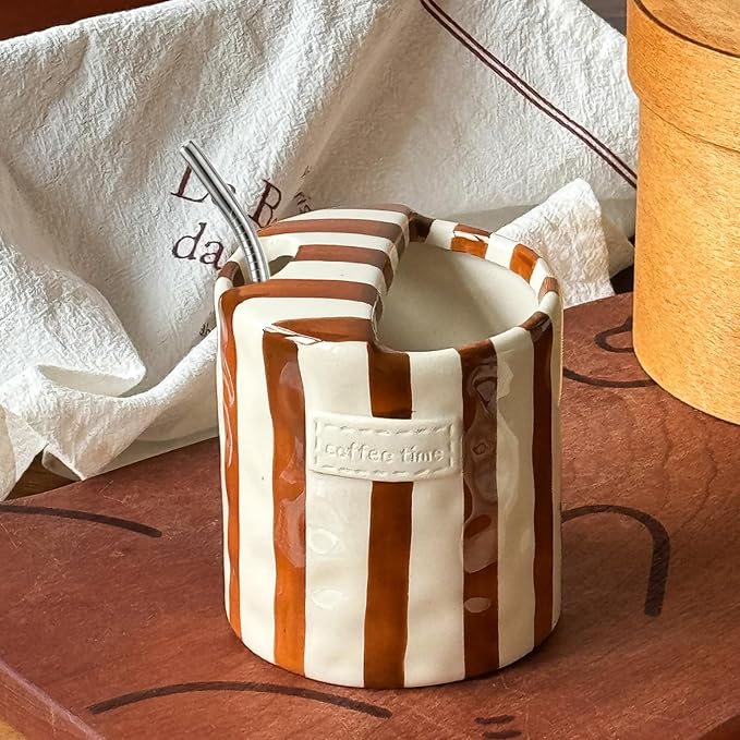 Ceramic Coffee Mugs 10 oz Retro Striped Coffee Mug No Handle - Image 2