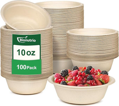 Paper Bowls 10 oz, 100 Pack Small Disposable Bowls, Heavy Duty Paper Bowls for Hot Soup, Salad, Dessert, 100% Compostable Biodegradable Microwavable Safe