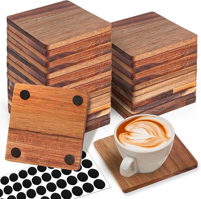 32 Pieces Unfinished Wood Coasters, 4 Inch Square Acacia Wooden Coasters by Aweyka