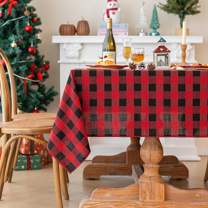 Christmas Gingham Tablecloth Heavy Duty Cotton Linen Red 60x84 inch Plaid Christmas Table Cloth Reusable Waterproof Foldable Tablecloths Xmas Table Cover for New Year Party Decor