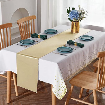 16Pack Disposable Plastic Tablecloths and Satin Table Runner Set White and Gold - Image 4