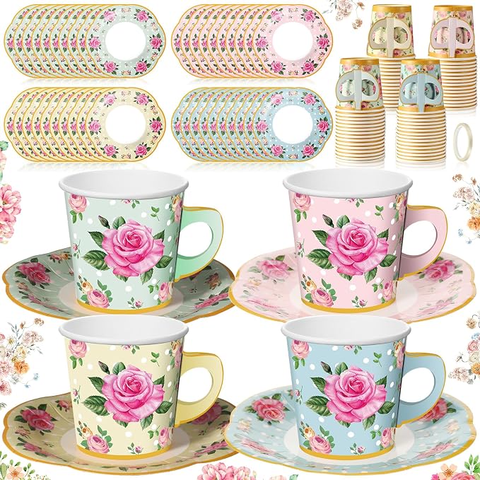 Umigy 60 Sets Floral Tea Party Decorations 6.5 oz Floral Paper Teacups & Saucer by Umigy