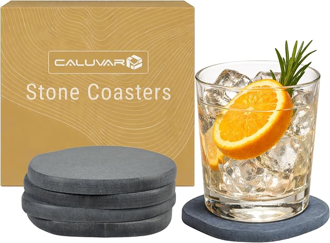 Stone Coasters Slate Set of 4, Absorbent Diatomaceous Earth Coasters by CALUVAR