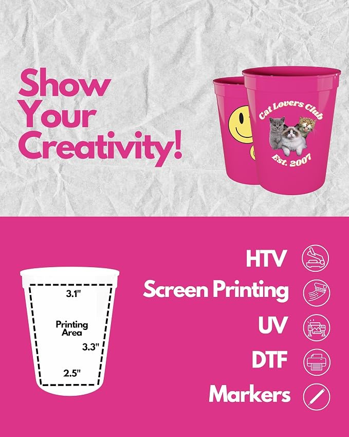 PartyPrints 100 Pack 16 oz Neon Pink Reusable Blank Plastic Cups, Stadium Cups - Image 3