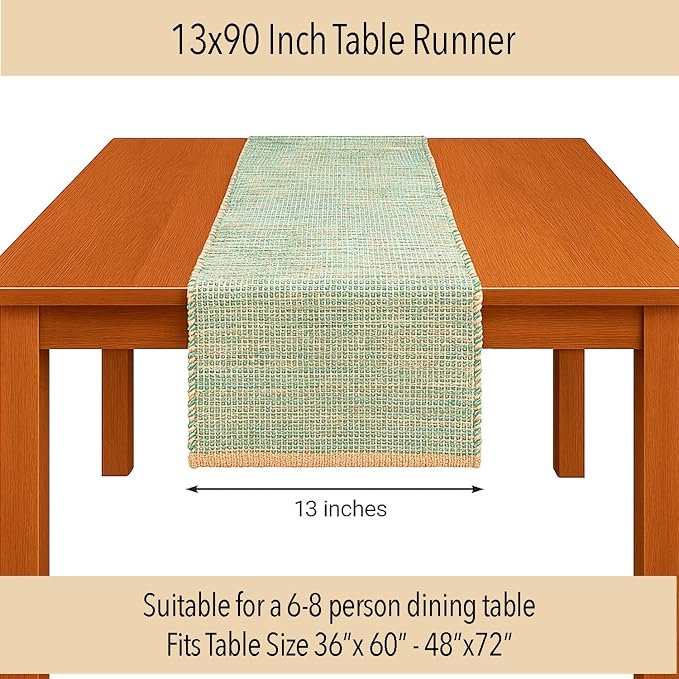 Natural Jute Table Runner, 13x90 Inch, Sage Green-White | Vintage Boho Rustic - Image 4