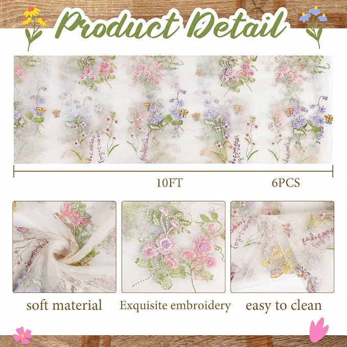 Ivory White Floral Table Runner 10ft Embroidery Tulle Spring Wildflower Gauze - Image 3