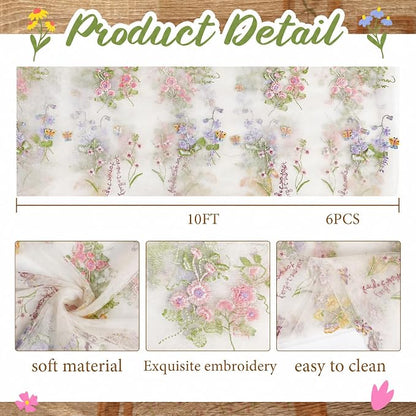 Ivory White Floral Table Runner 10ft Embroidery Tulle Spring Wildflower Gauze - Image 3