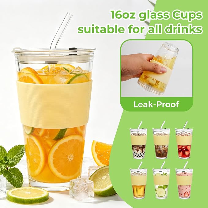 Birity 16oz Glass Cups with Lids and Straws, Glass tumbler With Straw and - Image 4
