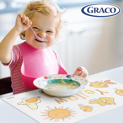 Graco Baby Disposable Stick-On Placemats, 40 Sheets with Assorted Designs, 12" x 18", Adhesive Table Mats for Mealtime, Home & Restaurant Use, Eco-Friendly