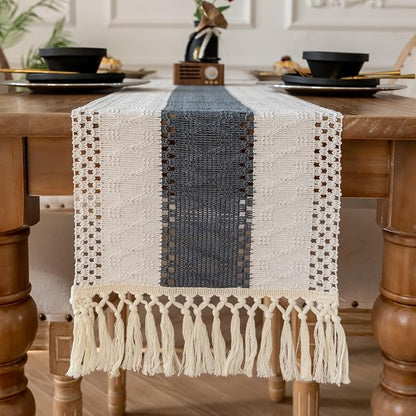 EMMTEEY Boho Table Runner with Tassels 108 Inches Long, Stone Blue | Handmade - Image 5