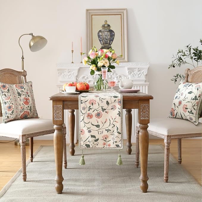 Designer Vintage Linen Long Table Runner, Floral Pattern, Dining Table - Image 3