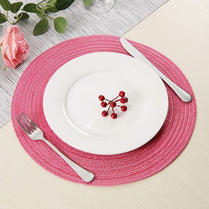 SHACOS Round Braided Placemats Set of 6 Cotton Round Place Mats 15 inch Washable Table Mats for Holiday Party (Hot Pink, 6)