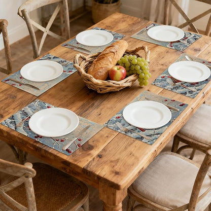 Table Placemats Set of 6, Waterproof Linen Fabric, Non-Slip Backing & Easy Clean, Elegant Dining Table Protectors for Family and Guests(Red Cardinal Bird Christmas)
