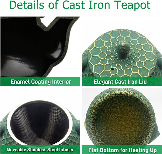 YJX Cast Iron Teapot and Cups Set, 33.8oz Hexagon Pattern Tea Pot Enameled - Image 9