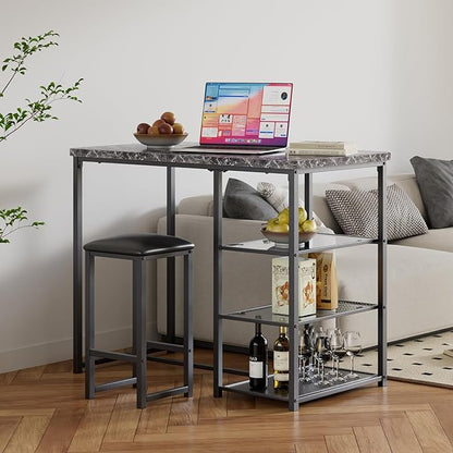 VECELO Small Bar Table and Chairs Set for 2, Upholstered Stools & Glass Storage Shelves, for Kitchen Dining Breakfast Nook, Space-Saving, Faux Marbled & Black