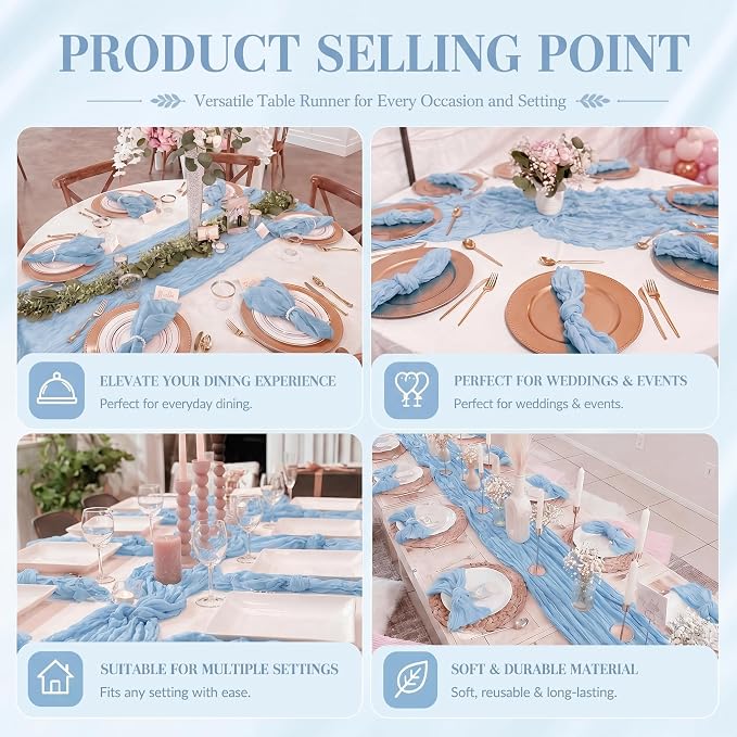2 Pack Light Blue Cheesecloth Table Runner 17x108 Inch Boho Rustic Semi Sheer - Image 7