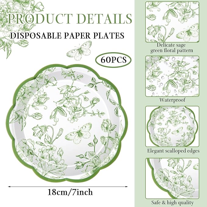 Willinglong 120 Pcs Floral Scalloped Paper Plates and Napkins Set, 2-ply Napkins - Image 2