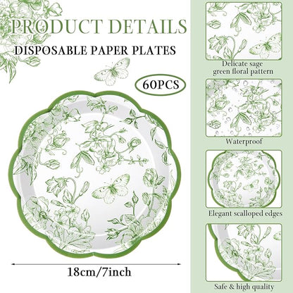 Willinglong 120 Pcs Floral Scalloped Paper Plates and Napkins Set, 2-ply Napkins - Image 2