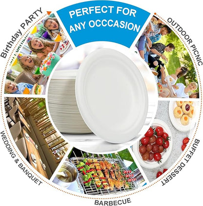 Small Paper Dessert Plates 6 Inch Disposable Biodegradable Compostable Appetizer Plates for Party, Dinner, Cake, Snacks (100 Pack, Heavy Duty Eco-Friendly Elegant White)
