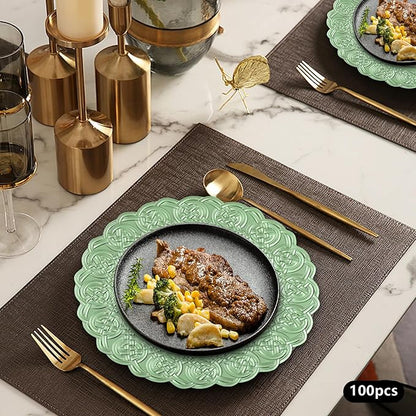 100 Pcs Antique Charger Plates Bulk, 13in Reusable Serving Plates Embossed Rim Plastic Party Dinner Plate Chargers Round Decorative Server Plate for Wedding Party Event Tableware